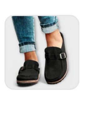 Black Suede Buckle Slip-On Mules